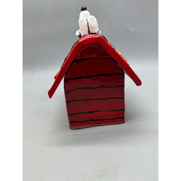 Handmade Snoopy Ceramic Doghouse Cookie Jar With Holiday Light Design red READ - Picture 2 of 8
